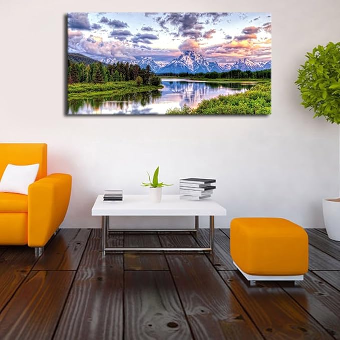 Landscape Canvas Wall Art Nature Picture Oxbow Bend Grand Teton National Park Modern Canvas Artwork River and Forest Contemporary Wall Art Large Size for Home Office Decoration 20" x 40"