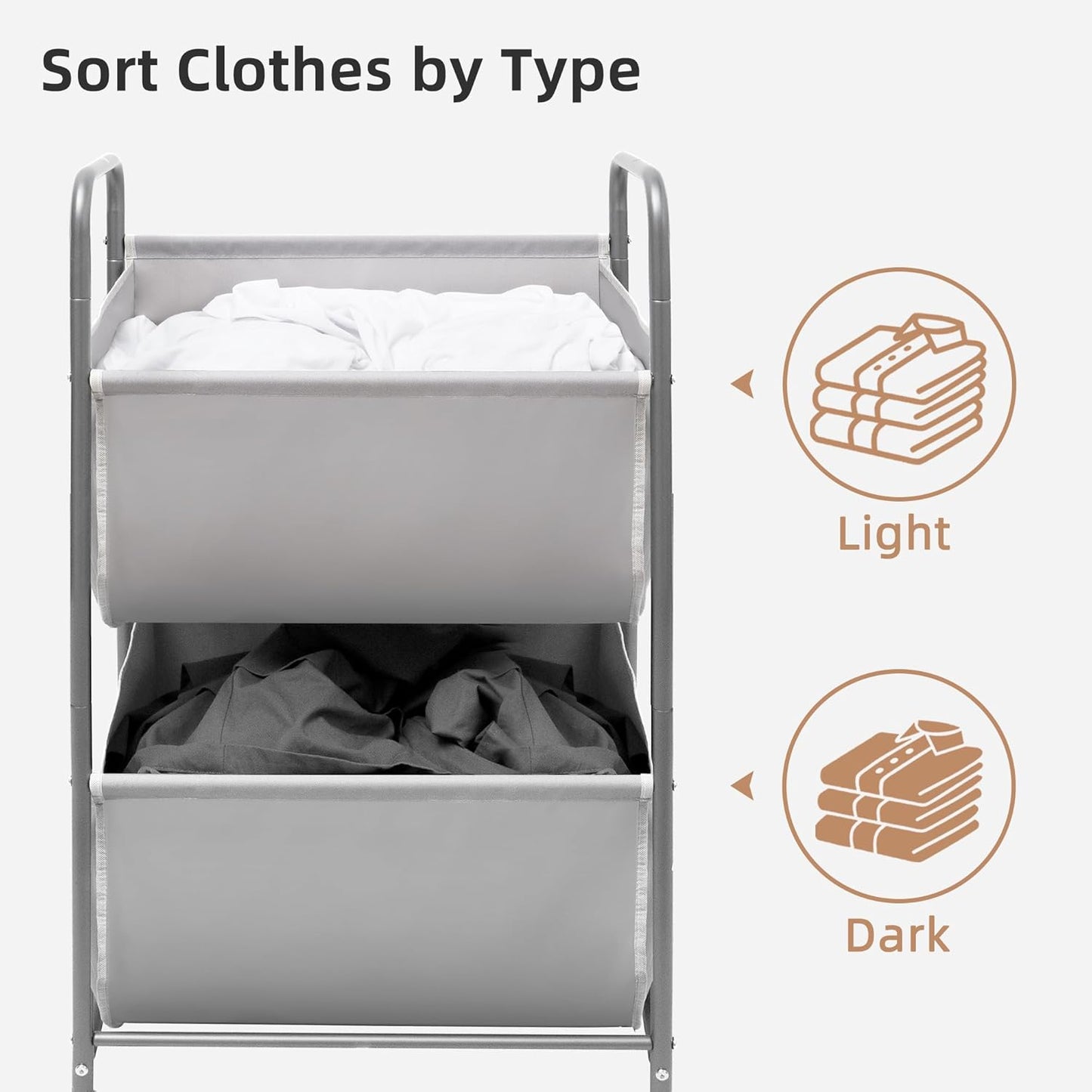 STORAGE MANIAC 80 Liters Vertical Rolling Laundry Hamper, 2 Section Laundry Sorter with Wheels and 2 Breaks, 2-tier Laundry Baskets for Small Space, Dorm, Laundry Room, Closet, Bathroom, Gray 2-tier - NestledHome