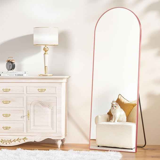 Rose Gold Mirror, 64"x21" Pink Body Mirror, Floor Standing, Full Length, Shatterproof, Arched