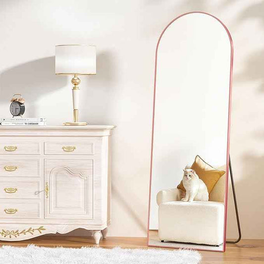 Rose Gold Mirror, 64"x21" Pink Body Mirror, Floor Standing, Full Length, Shatterproof, Arched