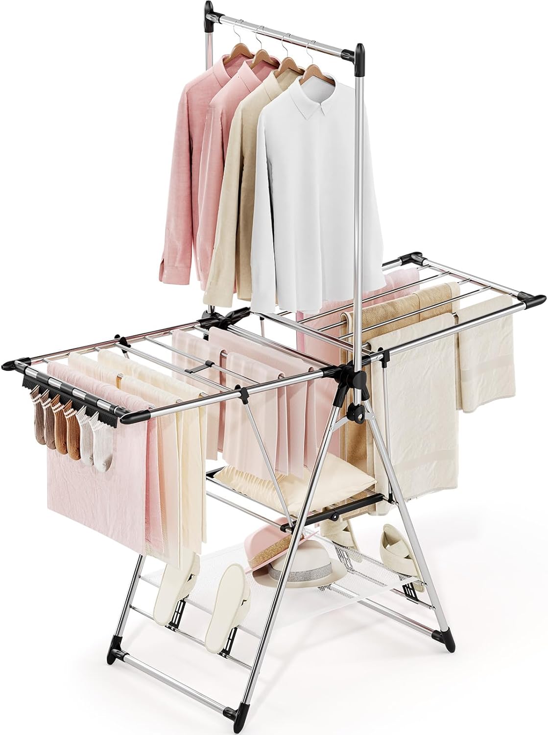 APEXCHASER Clothes Drying Rack with High Hanger, Foldable 3-Level Drying Racks with Shoe Rack, Crossbar and Vertical Rod Laundry Stand with Adjustable Wings Silver - NestledHome