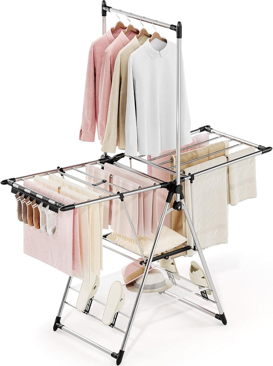 APEXCHASER Clothes Drying Rack with High Hanger, Foldable 3-Level Drying Racks with Shoe Rack, Crossbar and Vertical Rod Laundry Stand with Adjustable Wings Silver - NestledHome