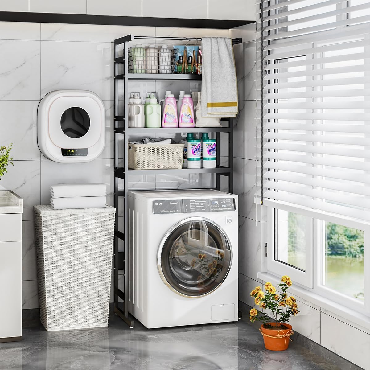 Dryer Storage Shel andf Over The Washer - Adjustable 4-Tier Heavy Duty Laundry Room Organizer, All Carbon Steel Standing Shelf with Hanging Rod, Anti-Tip Design, Super Stable 29.93" L x 11" D x 73" H - NestledHome
