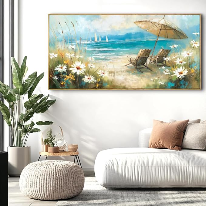Beach Landscape Wall Art - Framed Modern Canvas Painting for Living Room, Bedroom Home Office Decor, 48x24 Inch Ready to Hang