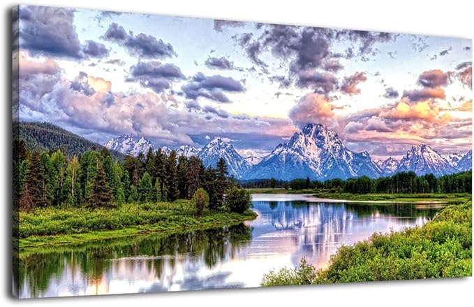 Landscape Canvas Wall Art Nature Picture Oxbow Bend Grand Teton National Park Modern Canvas Artwork River and Forest Contemporary Wall Art Large Size for Home Office Decoration 20" x 40"