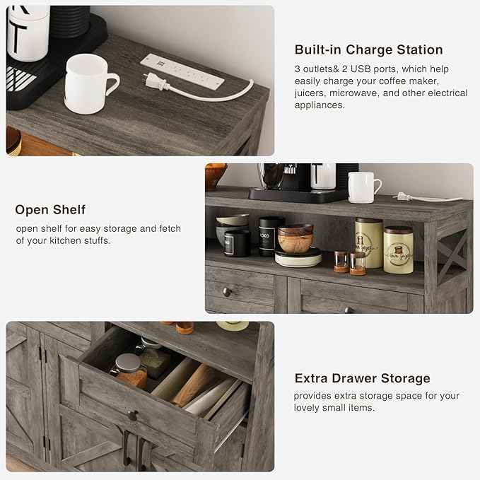 Farmhouse Buffet Cabinet with Drawers, Sideboard with Storage, Kitchen Pantry Cabinet Hutch, Wood Coffee Bar Station for Kitchen, Livingroom, 52" L Rustic Grey