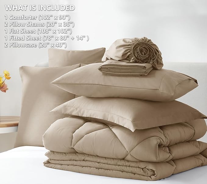 CozyLux King Size Comforter Set Taupe - 7 Pieces Bed in a Bag King, Luxury Soft Bed Set for All Seasons, Bedding Set with Down Alternative Comforter, Sheets, Pillowcases & Shams