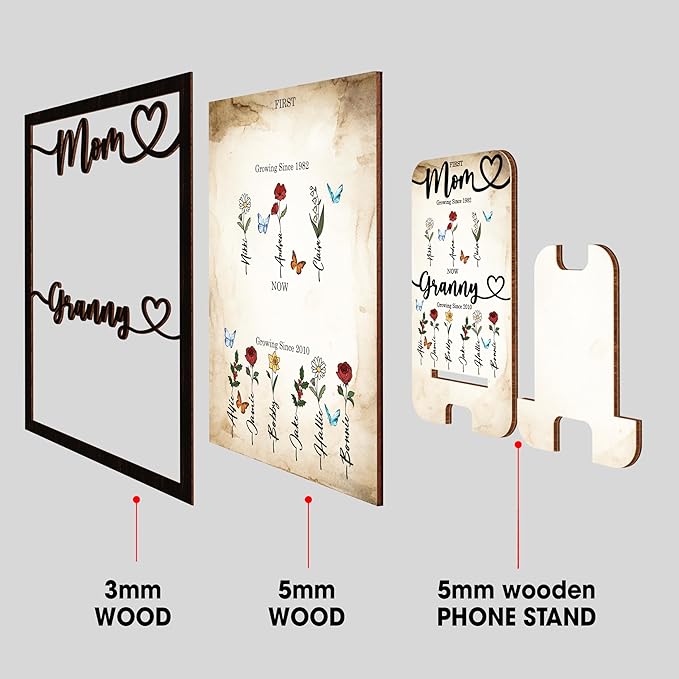 First Mom Now Grandma Wood Frame with Phone Stand Gifts Mothers Day New Grandmother Custom Grandma's Garden Plaque Birth Month Flowers Sign with Grandkids Names, Birthday Gift for Nana, Dog Cat
