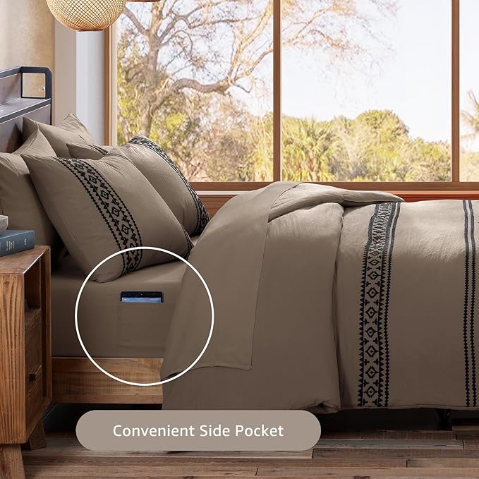 MaiRêve Embroidery King Size Comforter Set Taupe Grey, Boho Farmhouse Western Bedding Set 7 Pieces, All Season Bed in A Bag Comforter Set with Sheets, Pillowcases & Shams