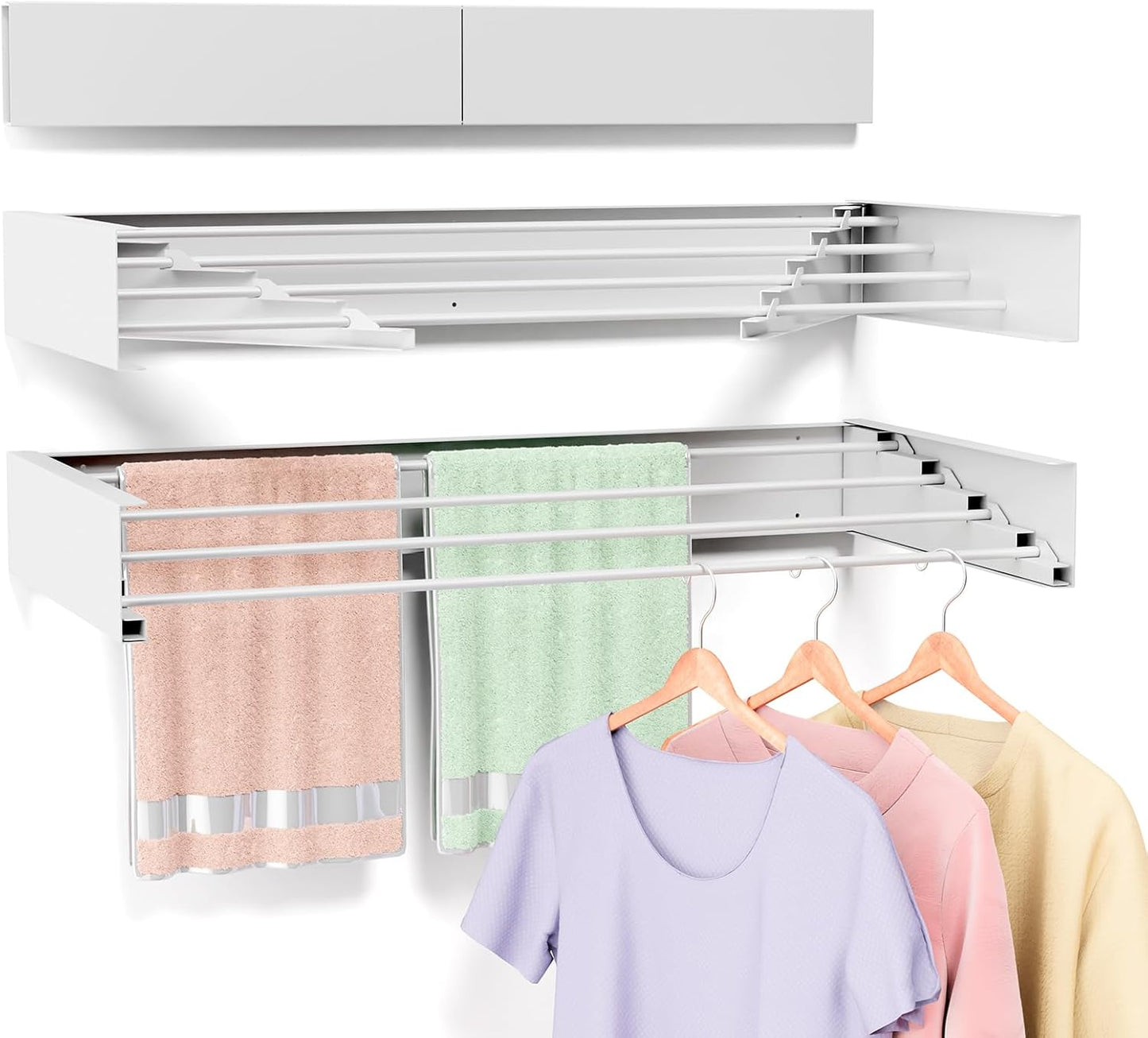 Wall Mounted Drying Rack for Laundry 23.6'', Folding Drying Rack Clothing Wall Mount with 4 Rods, Space Saving for Indoor Outdoor Bathroom Balcony (White, 23.6'') - NestledHome