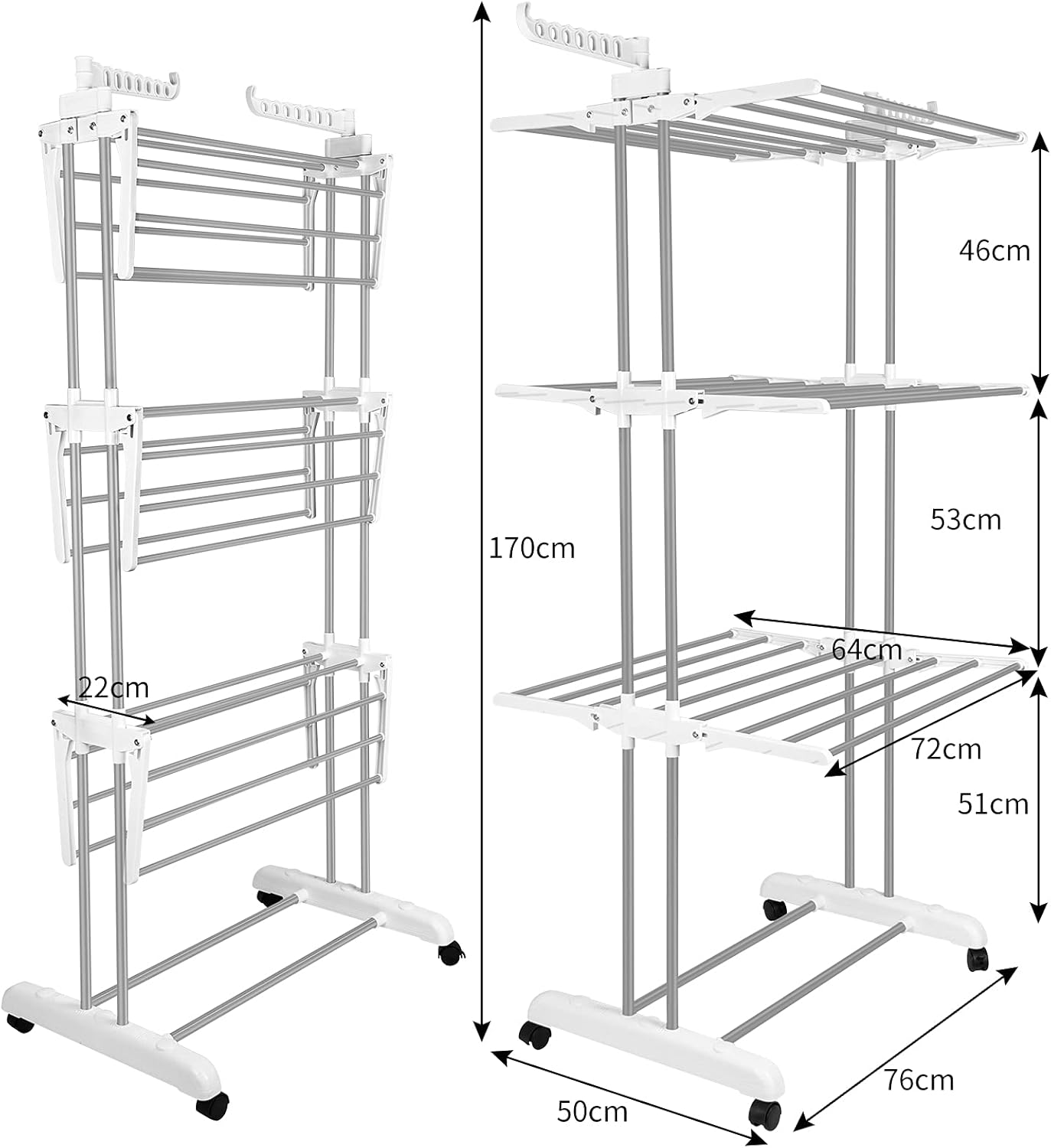 Bigzzia Clothes Drying Rack, Folding Stainless Steel Drying Rack Clothing Indoor Outdoor, Space-Saving, 4 Tier Laundry Drying Rack with Two Side Wings -Grey White - NestledHome