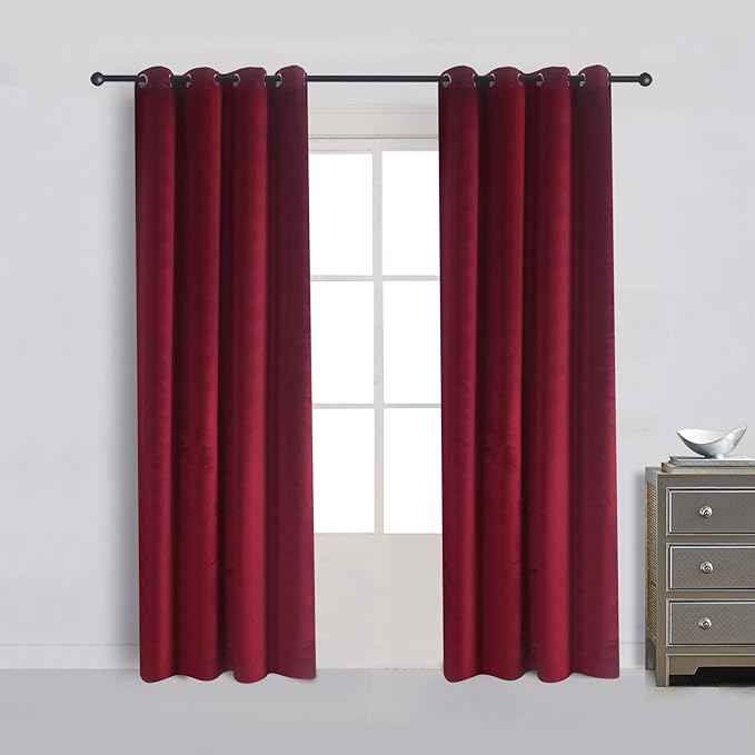 Cherry Home Set of 2 Heavy Velvet Flannel Blackout Window Curtains Drapes with Top Grommet Draperies Eyelet 52 Inches Wide by 120 Inches Long,Burgundy for Bedroom Living Room