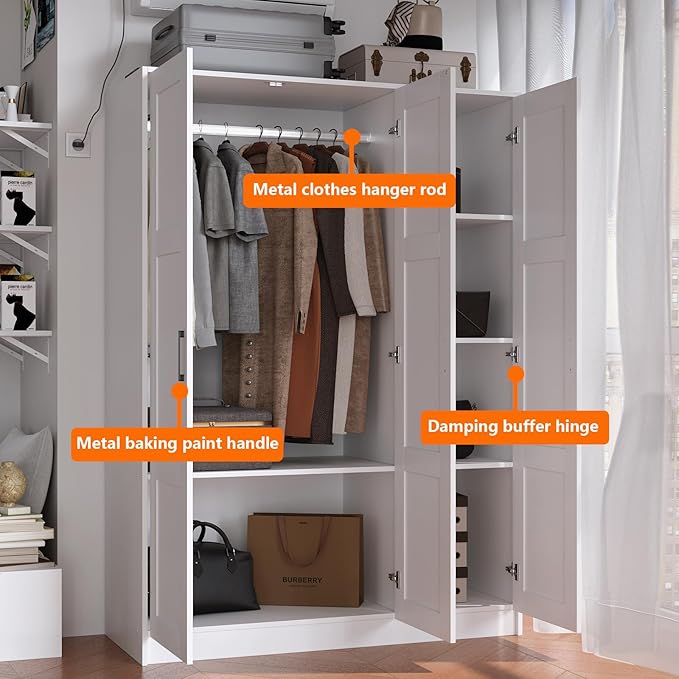 3 Doors Wooden Wardrobe Closet Armoire, White Storage Cabinet for Hanging Clothes, Bedroom Large Capacity Freestanding Armoire,Wood Wardrobe Combination with Shelves