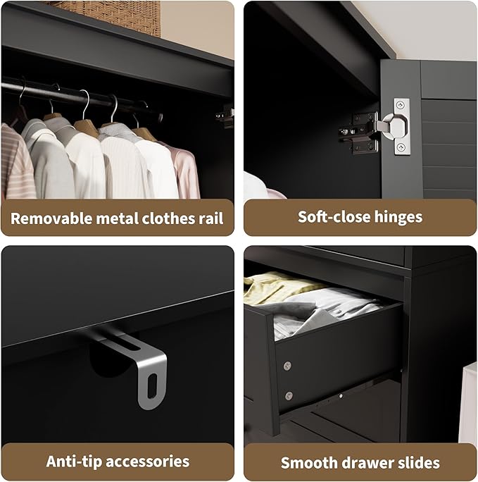 GarveeHome Armoire Wardrobe Closet with Drawers, 69.5 in Wooden Wardrobe Cabinet with Hanging Rod, 2 Doors Clothing Storage Cabinet for Bedroom, Large Capacity Storage, Louvered Door, Black