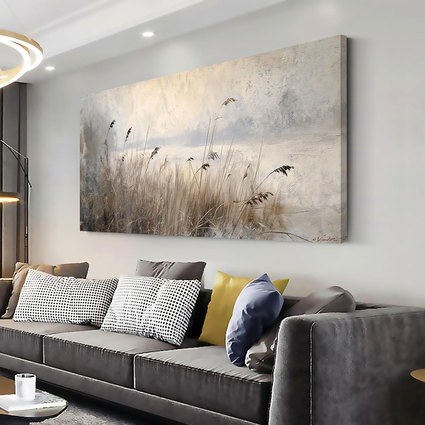 LASMOND Vintage Meadow Wall Art for Living Room Reed Grass Canvas Painting Prints Large Retro Rustic Cottagecore Countryside Landscape Farmhouse Bedroom Artwork Home Decor (58x28 Inches)