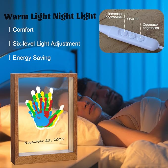 Bixinyo Family Handprint Kit with Light, Baby Hand and Footprint Keepsake Wooden Frame, Family Gifts for Mom, Women, New Parents, Mother's Day, Adoption Gifts, 5 Non-Toxic Paints (Light, Brown)