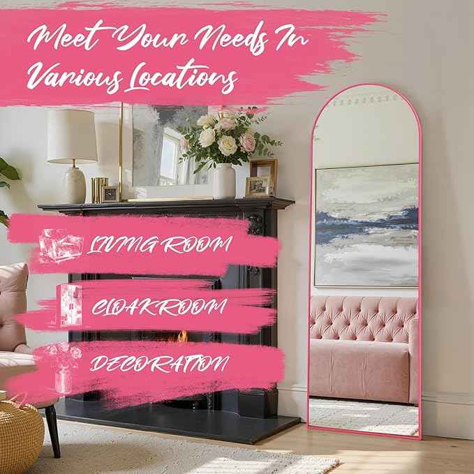 Anpark 19"x57"Arched Full Length Mirror, Full Body Mirror with Stand, Aluminum Frame for Bedroom & Hanging Leaning Modern Simple Home Decor Shatter-proorf Nano Glass Wall Living Room Cloakroom, Pink