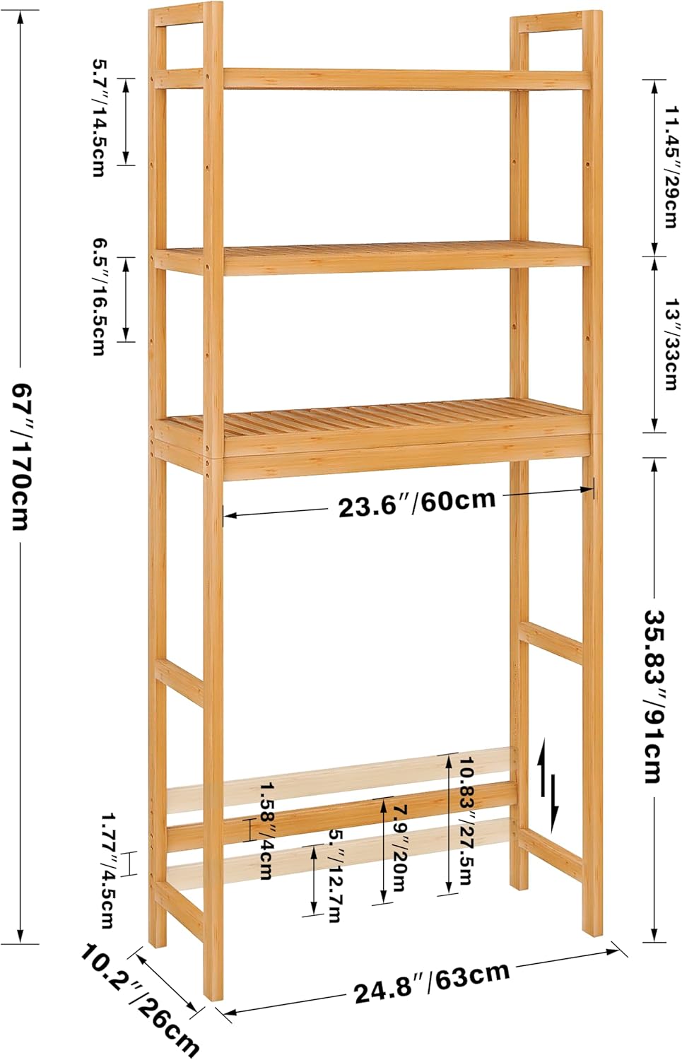 SMIBUY Bathroom Storage Shelf, Bamboo Over-The-Toilet Organizer Rack, Freestanding Toilet Space Saver with 3-Tier Adjustable Shelves (Natural) - NestledHome