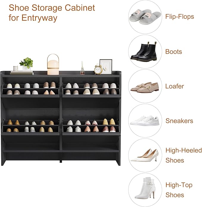 GarveeHome Shoe Cabinet with 4 Flip Drawers, Wooden Shoe Organizer Cabinet with Adjustable Shelf, Shoe Storage for Entryway, Hidden Shoe Cabinet for Hallway, Living Room, Black
