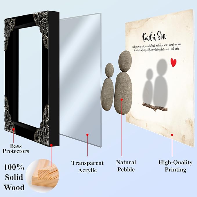 Dads Gifts from Son, 5.5" Pebble Art Frame Dad & Son Plaque, Heart Wooden Keychain, Thank You Card, Best Dad Ever Gift Set, Fathers Day Presents, Valentines Birthday Gift for Daddy S200-55