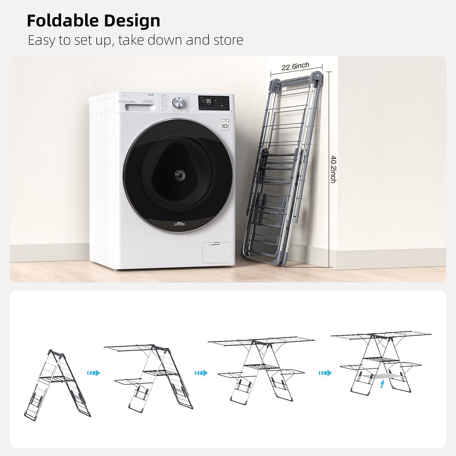 Clothes Drying Rack, Foldable 2-Level Laundry Racks for Drying Clothes Rack,Stainless Steel Drying Rack Clothing Collapsible for Indoor Outdoor,with Height-Adjustable Wings,33 Drying Rails,Gray - NestledHome