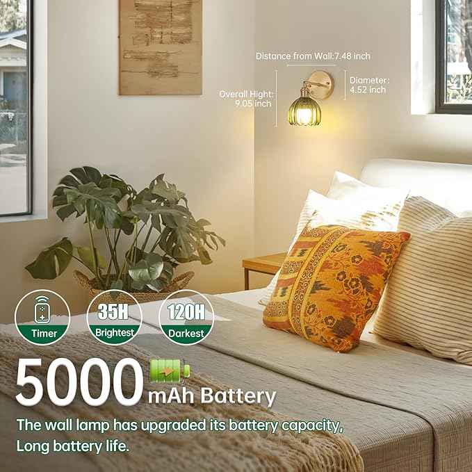 Vintage Battery Operated Wall Sconce with Green Tulip Glass Lampshade 5000 mAh Rechargeable Battery Powered Wall Light with Remote Control for Bedside Bedroom Doorway, Set of 2