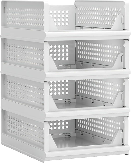 4 Pack Stackable Plastic Storage Basket Closet Organizer Bin Foldable Clothes Organizer Storage Drawer Shelf Container for Living Room Bathroom Kitchen Office (4S) - NestledHome