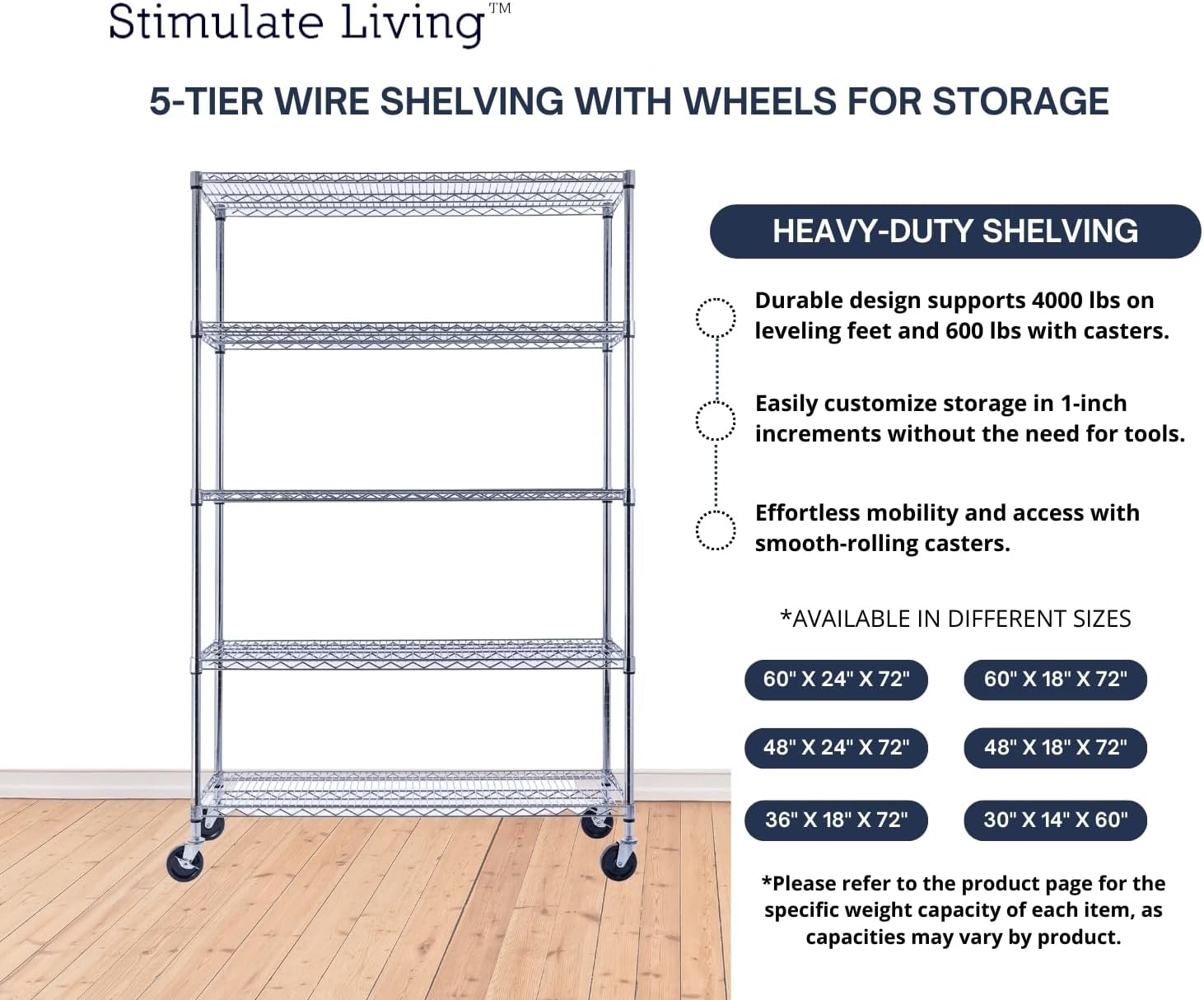 48"x18"x72" PRIME HEAVY DUTY Chrome 5-Tier Wire Shelving NSF 4000 LBS MAX Capacity Storage Rack for Commercial, School, Home, Garage, Warehouse, Industrial, and Hospital Uses (with Wheels) - NestledHome