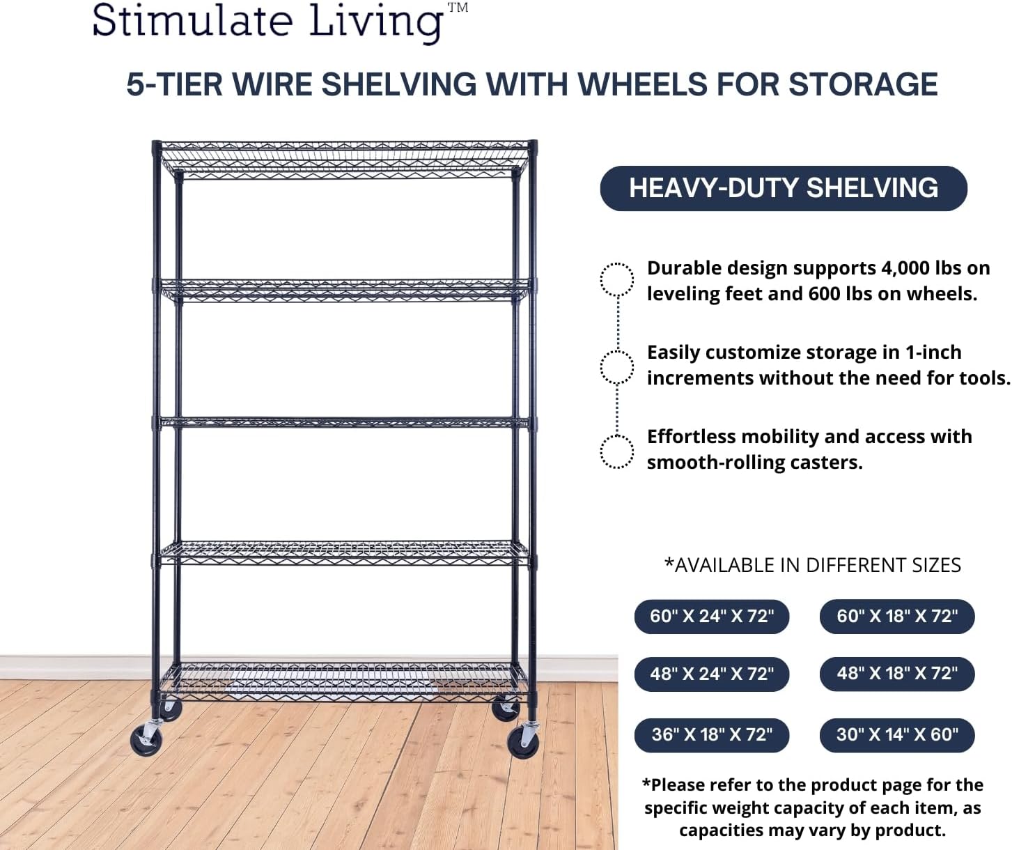 48"x18"x72" PRIME HEAVY DUTY Black 5-Tier Wire Shelving NSF 4000 LBS MAX Capacity Storage Rack for Commercial, School, Home, Garage, Warehouse, Industrial, and Hospital Uses (with Wheels) - NestledHome