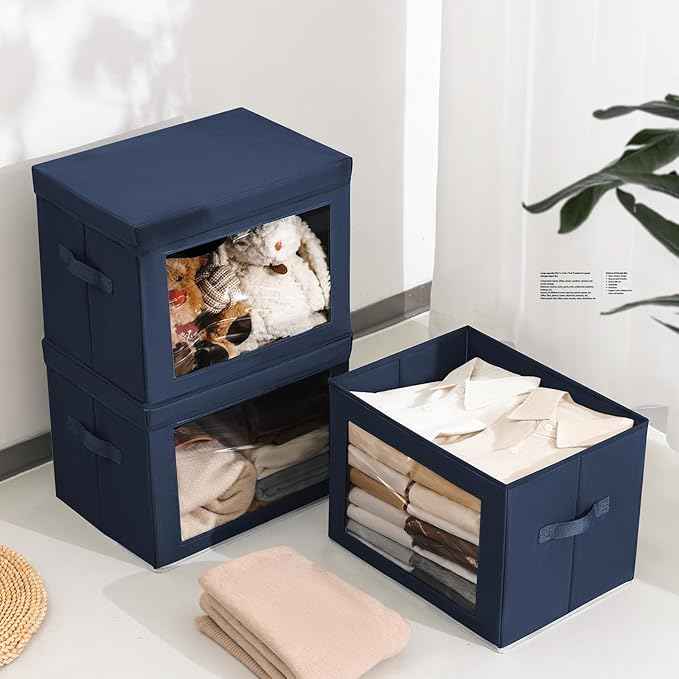 Stackable Storage Bins with Lids - Large Decorative Basket with Lids, Fabric Foldable Closet Organizer Bins, Shelf Organizer for Living Room, Dorm, 5 Pack, Navy Blue