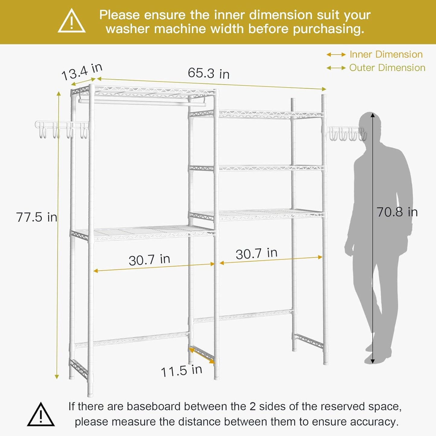 Ulif U6 Clothes Drying Rack, 5-Tier Over Washer and Dryer Laundry Room Storage and Organizer, Heavy-Duty Space Saver, 65.3" W x 13.4" D x 77.5" H, White - NestledHome