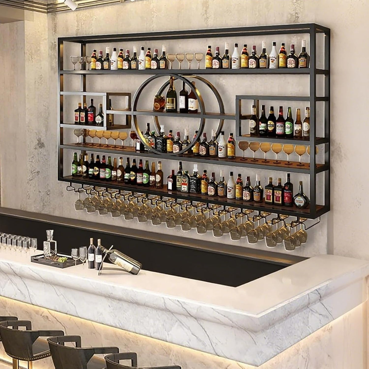 47.2in Wall Mounted Wine Rack, Modern Metal Wine Bottle and Glass Holder, Iron Display Stand Decorative Wine Rack, for Bar Living Room Dining Room Background (Black, 47.2 * 8 * 51INCHES)