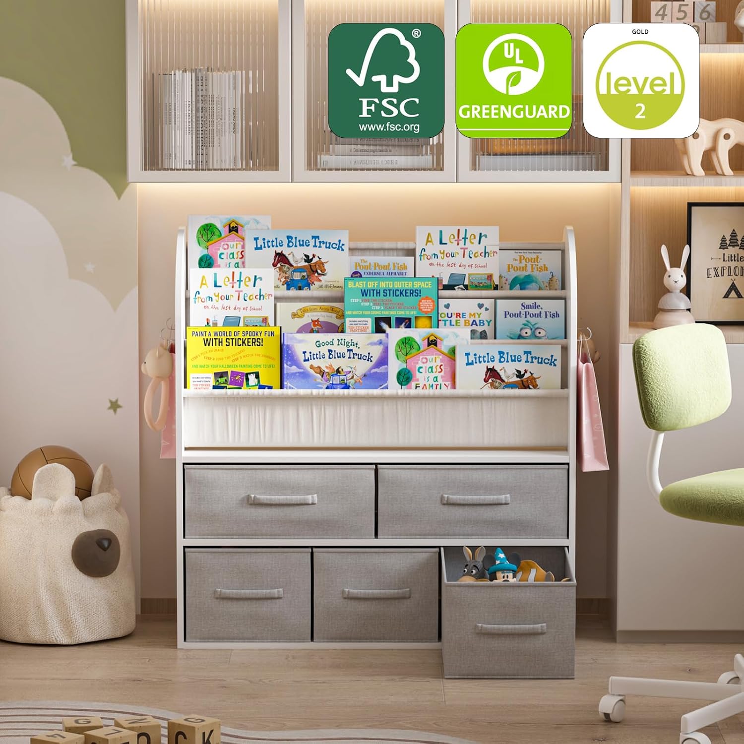 NACHES Kids Bookshelf and Toy Storage Bins, Children Bookcase Toddler Book Display Cabinet with 5 Toy Organizer Boxes for Playroom,Reading Room,Toddler Room,Nursery,Classroom - NestledHome