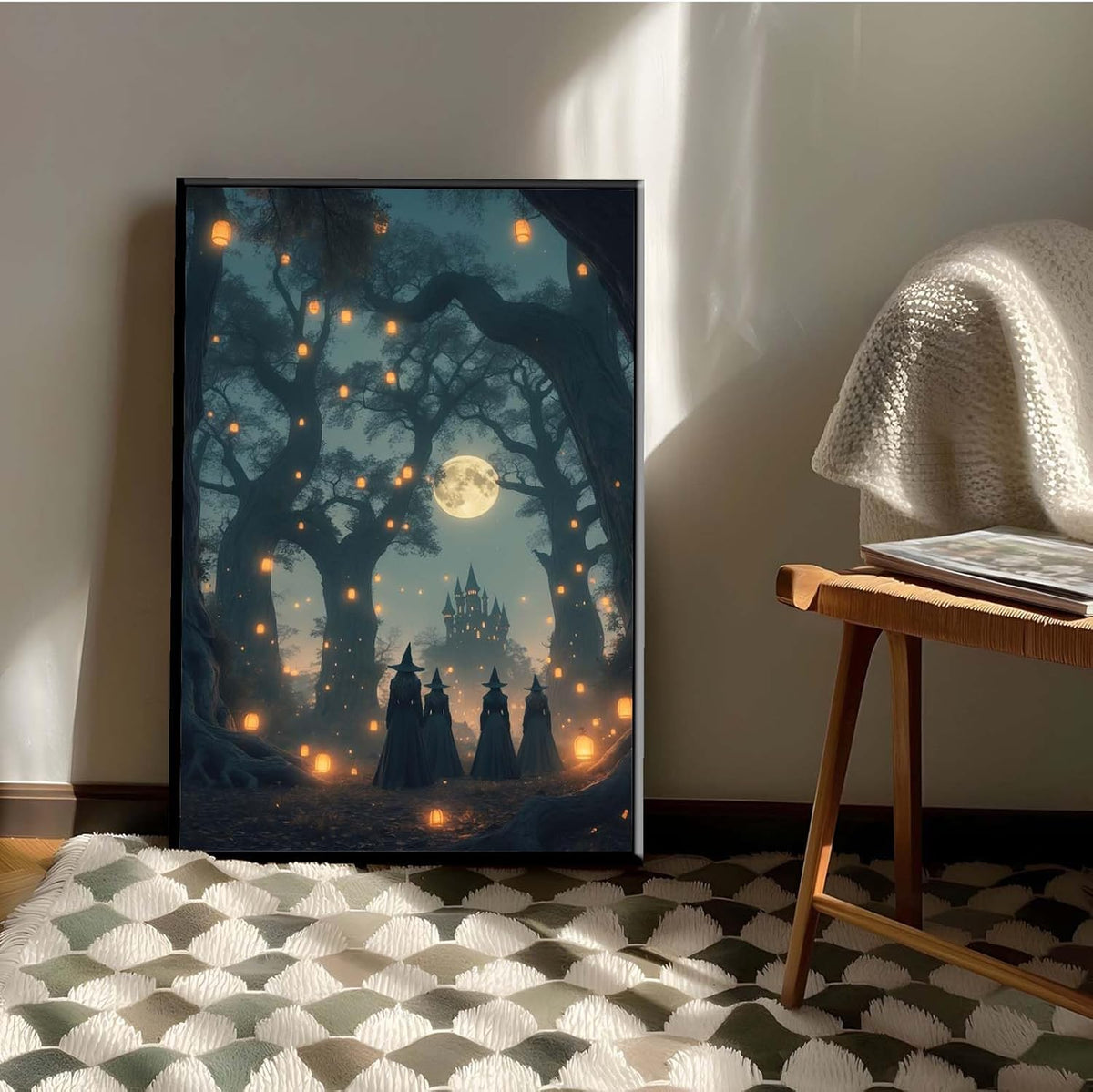 JFHCQJPK Mysterious creek painting witch and castle in magic forest art print canvas gothic print dark college decoration poster for home bedroom16x24in Metal blackFramed