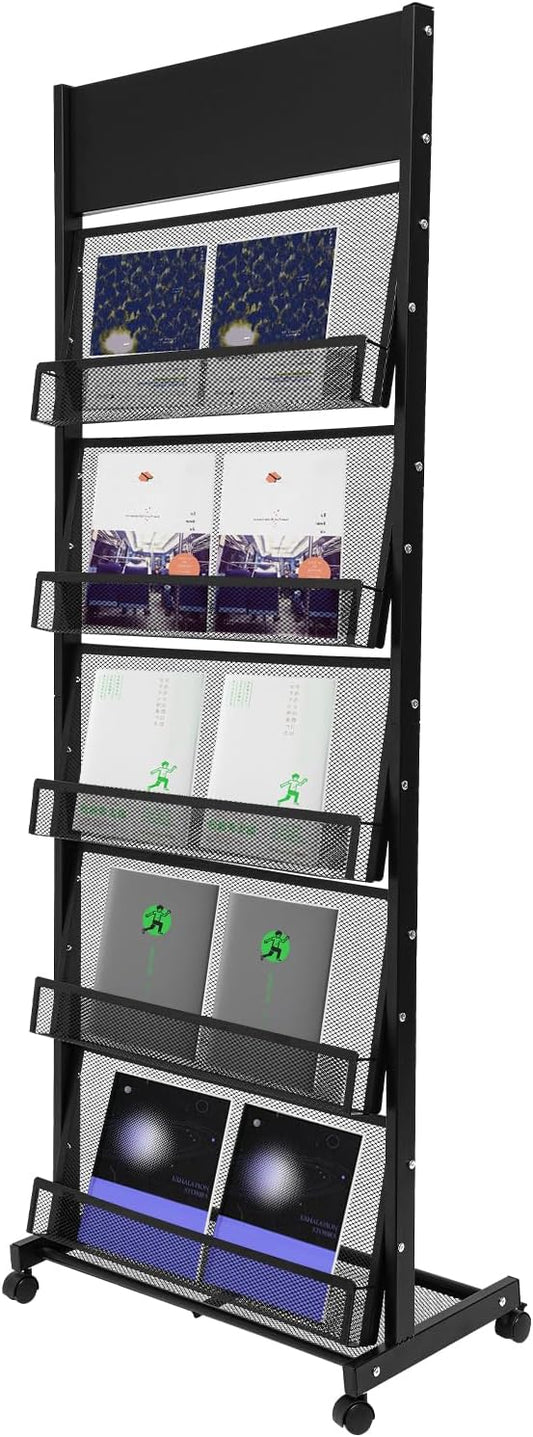 5-Tier Magazine Rack Floor Standing Brochure Display Stand with Universal Wheels & Brakes Metal Magazine Display Rack for Office, Shop - NestledHome