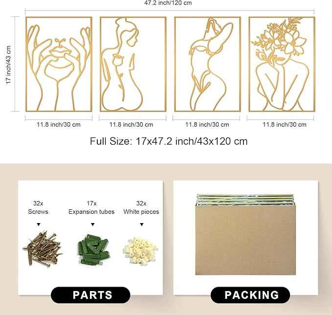 Glamativity 4 Pack Gold Wall Art Decor, Minimalist Single Line Real Metal Wall Art, Woman's Body Shape Abstract Wall Art (Gold Classic Style, 17 x 11.8'')