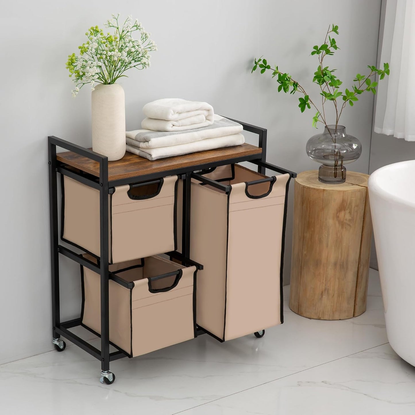 Laundry Basket Organizer - Hampers with 3 Compartments, Sliding Laundry Sorter Bags, Top Storage Shelf, Metal Frame - NestledHome