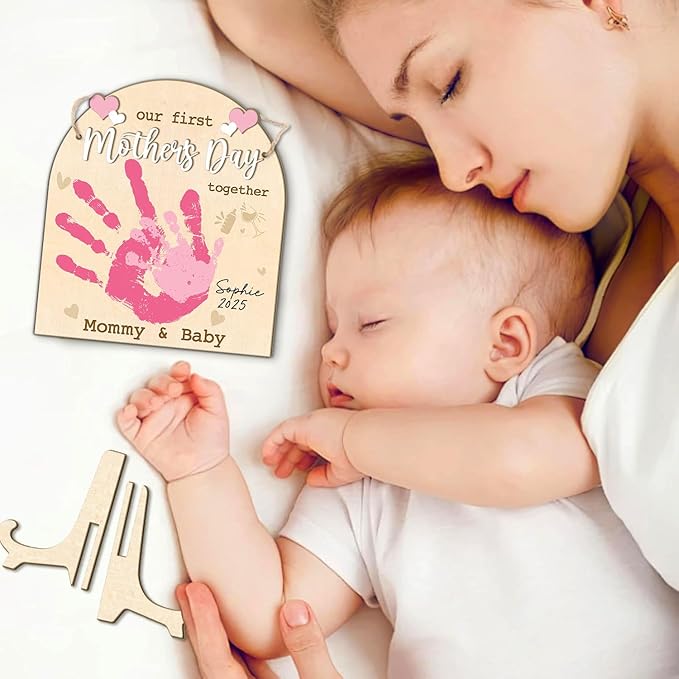 DIY Custom Our First Mother's Day Together Mommy & Baby Handprint Signs, Baby First Mothers Day Gifts for Babies, Toddler And Mom Mother's Day Crafts Plaque, Memory Keepsake Baby Milestone Photo Props