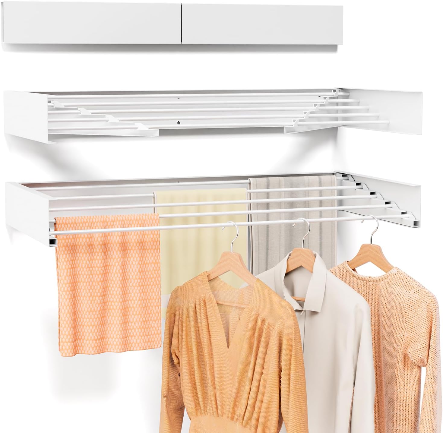 Wall Mounted Drying Rack for Laundry 31.5'', Folding Drying Rack Clothing Wall Mount with 5 Rods, Space Saving for Indoor Outdoor Bathroom Balcony (White 31.5") - NestledHome