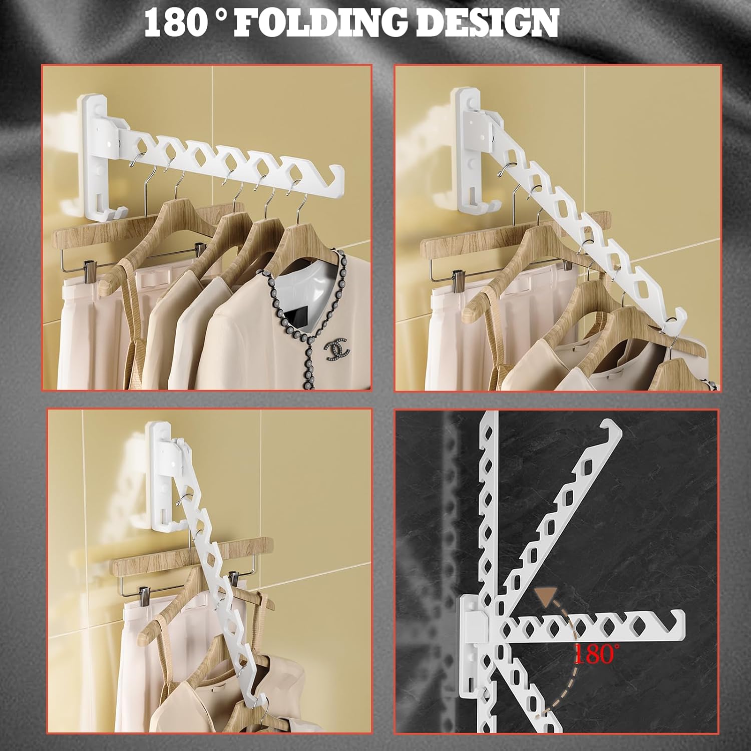 Wall Mount Coat Hanger Holder White Clothes Drying Organizer Rack Garment Hooks Aluminium Retractable Folding Indoor Wall Mounted Hanger Space Saver for Laundry Room Bedroom White 2 Pack with 8 Hooks - NestledHome