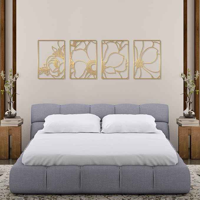 Glamativity 4 Pack Gold Wall Art, Flower Minimalist Single Line Art, Real Metal Nature Floral Abstract Wall Decor for Kitchen Bedroom Living Room