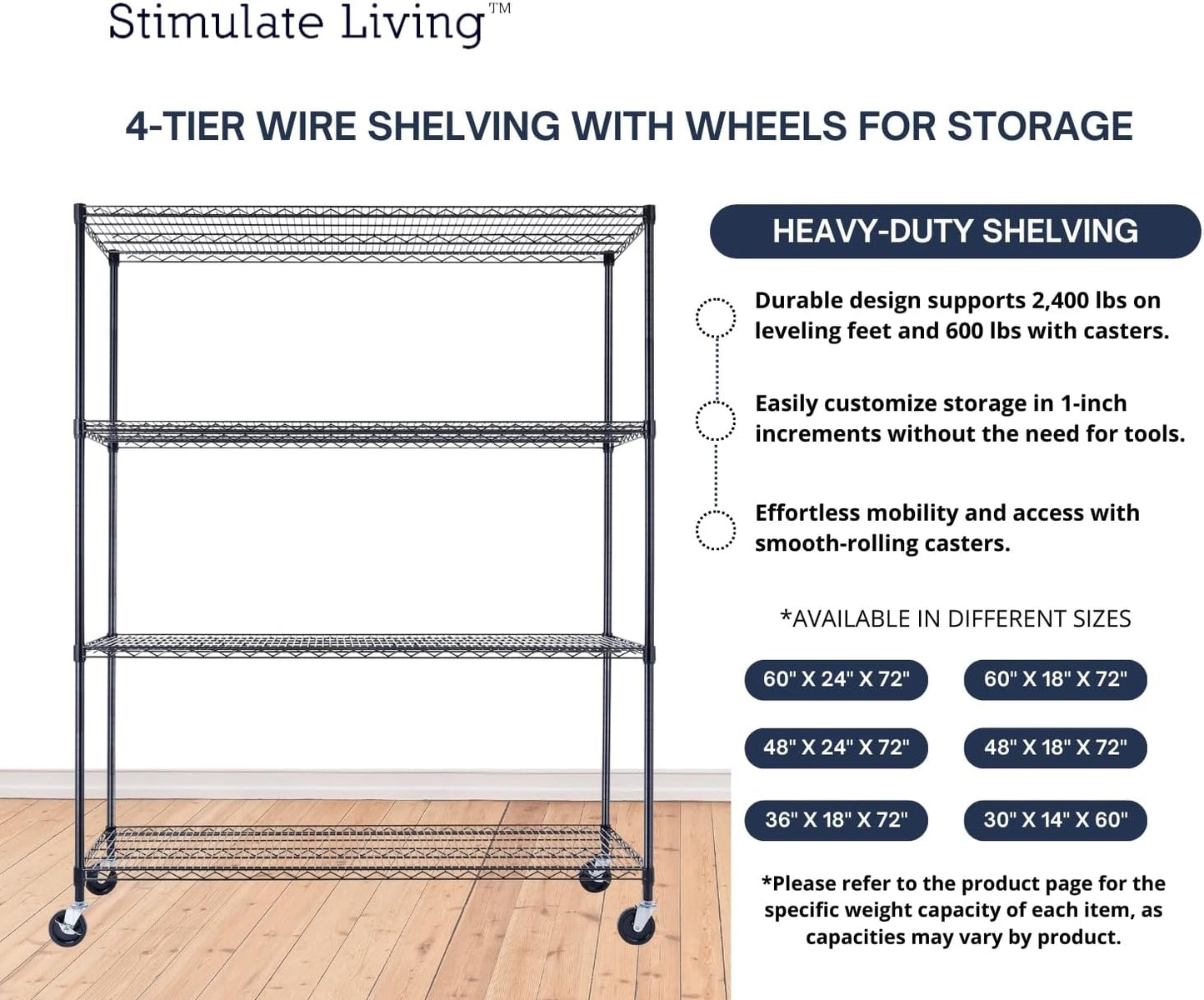 60"x24"x72" PRIME HEAVY DUTY Black 4-Tier Wire Shelving NSF 2400 LBS MAX Capacity Storage Rack for Commercial, School, Home, Garage, Warehouse, Industrial, and Hospital Uses (with Wheels) - NestledHome