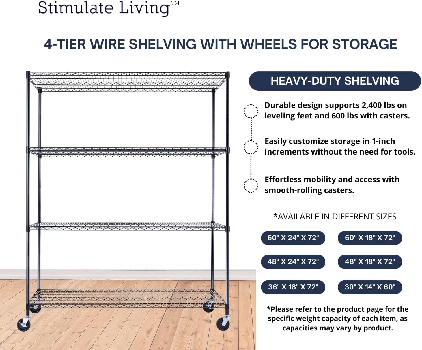 60"x24"x72" PRIME HEAVY DUTY Black 4-Tier Wire Shelving NSF 2400 LBS MAX Capacity Storage Rack for Commercial, School, Home, Garage, Warehouse, Industrial, and Hospital Uses (with Wheels) - NestledHome