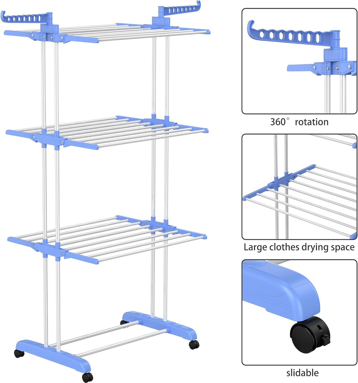 HOMIDEC Clothes Drying Rack, Large 4-Tier Foldable Drying Rack Clothing(67.7H x 19.7W x 30L Inches), Movable Drying Rack with 4 castors. Multifunctional Stainless Steel Laundry Drying Rack, Blue - NestledHome