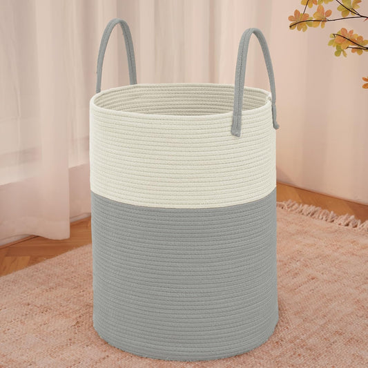 Large Woven Laundry Basket Hamper,100L Cotton Rope Storage Bin for Blankets,Toys and Clothes,Decorative Tall Nursery Hamper for Living Room,Baby Nursery,Bathroom and Bedroom,White and Grey