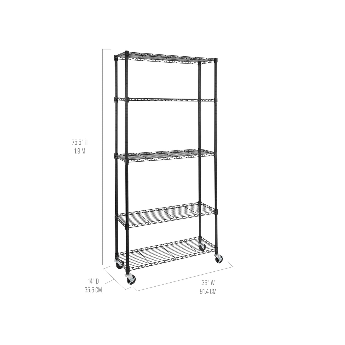 5-Tier NSF-Certified Steel Wire Shelving, 36"W x 14"D x 75.5"H, Black