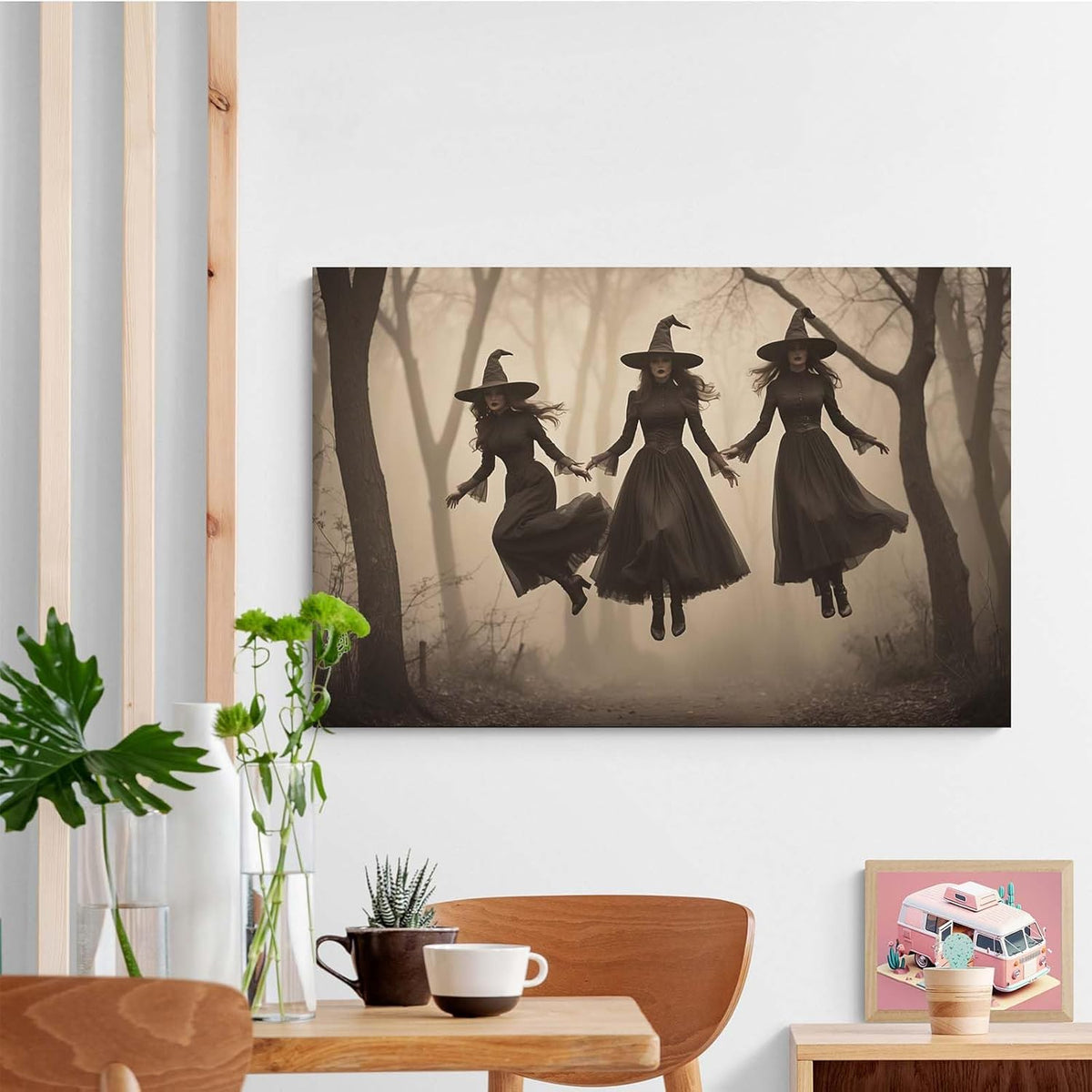 JFHCQJPK Three ghost witches flying in vintage forest gothic wall art witchcraft decoration holiday gift canvas wall art print28x40in Frameless