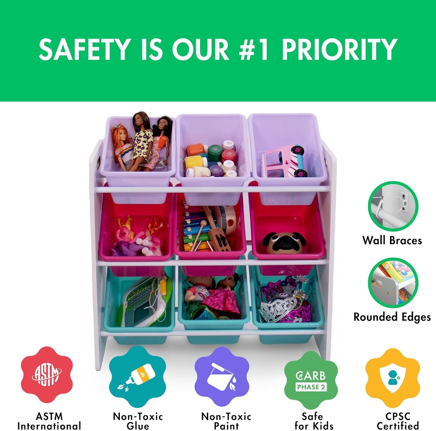 Humble Crew 9-Bin Toy Organizer – Forever Natural White/Pink/Purple/Aqua Plastic Bins, 3-Tier Storage Solution for Kids' Playrooms and Nurseries - NestledHome