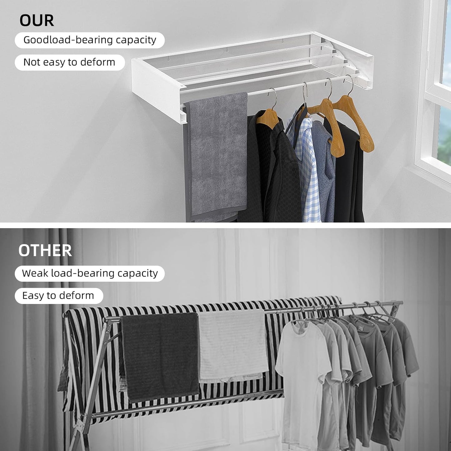 Wall Mounted Drying Rack for Laundry 23.6'', Folding Drying Rack Clothing Wall Mount with 4 Rods, Space Saving for Indoor Outdoor Bathroom Balcony (White, 23.6'') - NestledHome