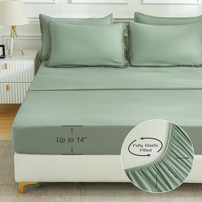 Andency Queen Comforter Set with Sheets Sage Green -7 Pieces Boho Tassel Bed in a Bag Soft Lightweight Bedding Sets, All Season Fringe Bed Set with Comforter, Sheets, Pillowcases & Shams